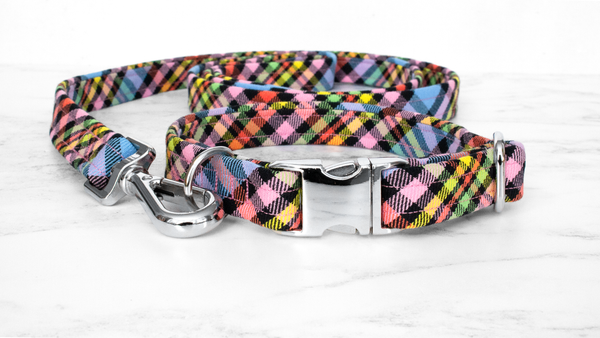Dog Collar and Lead, Tartan with a Twist - Black Rainbow