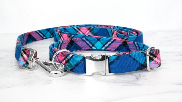 Dog Collar and Lead, Tartan with a Twist - Blue and Pink