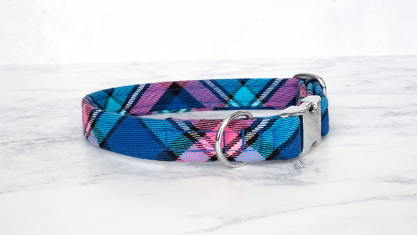 Dog Collar and Lead, Tartan with a Twist - Blue and Pink