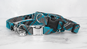 Dog Collar and Lead, Tartan with a Twist - Blue and Grey