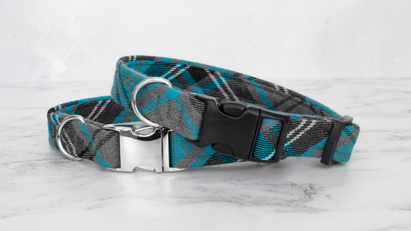 Dog Collar and Lead, Tartan with a Twist - Blue and Grey