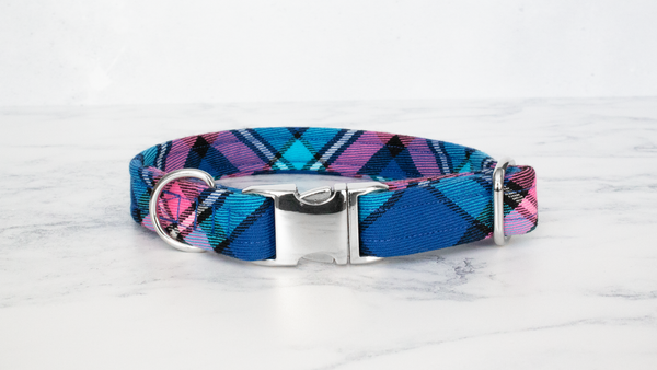 Dog Collar and Lead, Tartan with a Twist - Blue and Pink