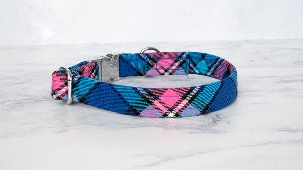 Dog Collar and Lead, Tartan with a Twist - Blue and Pink