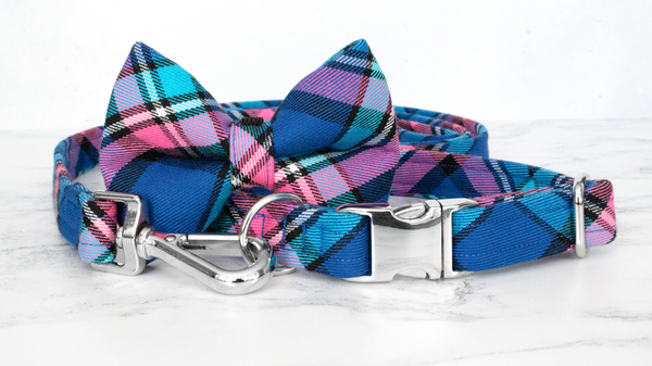 Dog Collar and Lead, Tartan with a Twist - Blue and Pink