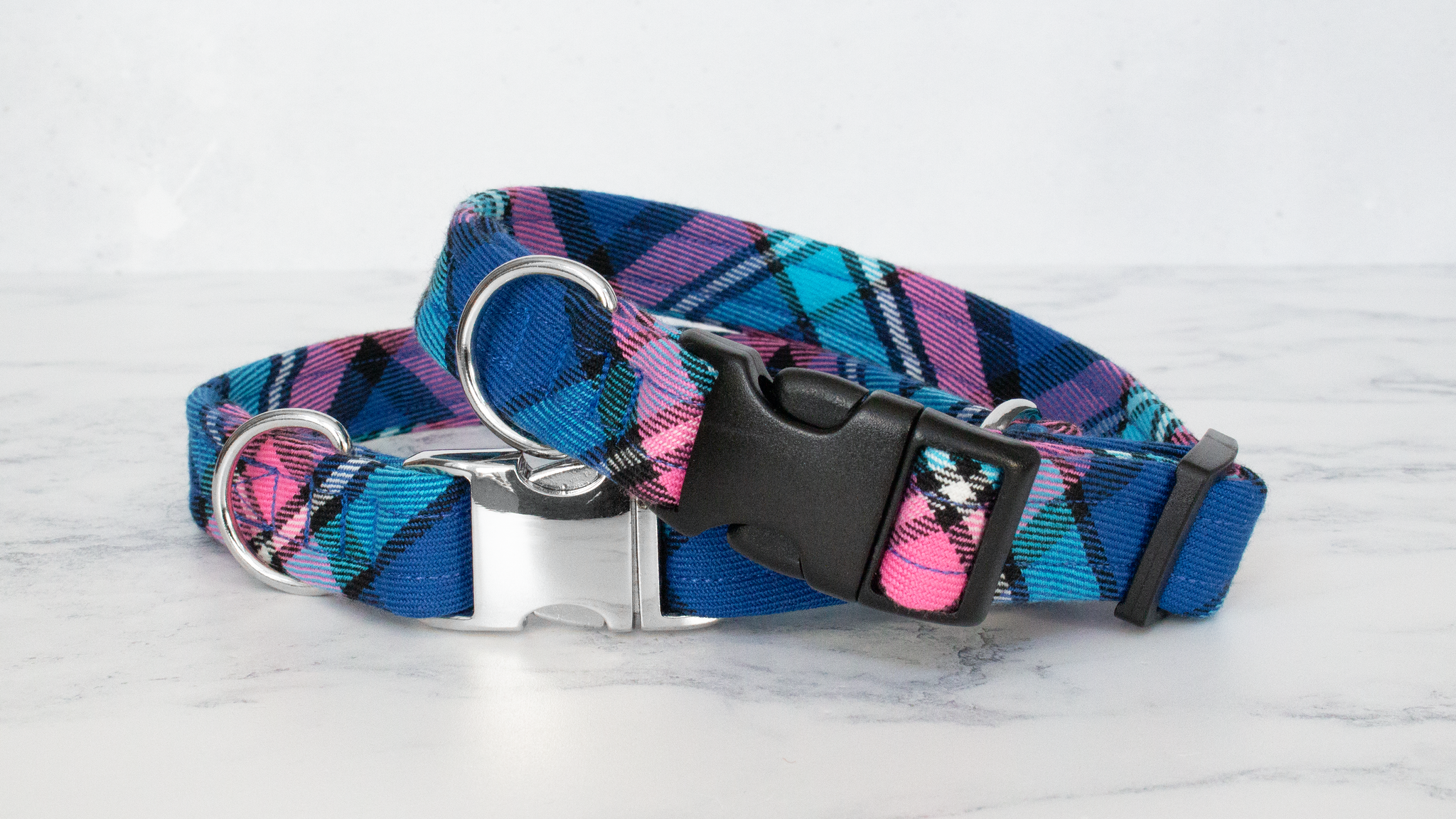 Dog Collar and Lead, Tartan with a Twist - Blue and Pink