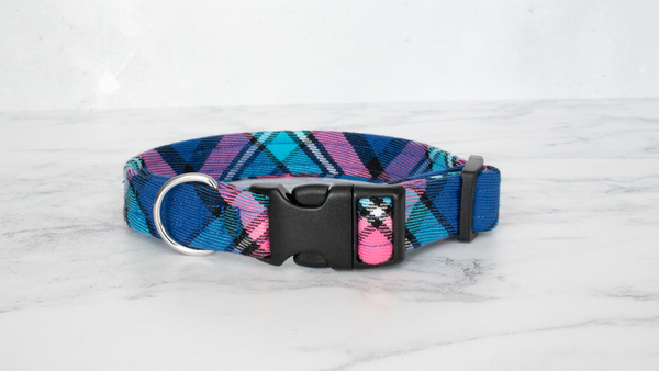 Dog Collar and Lead, Tartan with a Twist - Blue and Pink