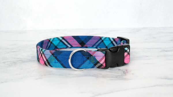 Dog Collar and Lead, Tartan with a Twist - Blue and Pink