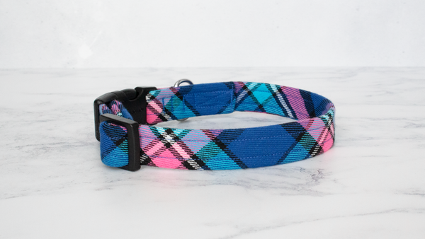 Dog Collar and Lead, Tartan with a Twist - Blue and Pink