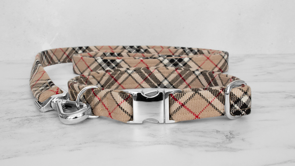 Dog Collar and Lead, Tartan with a Twist - Caramel
