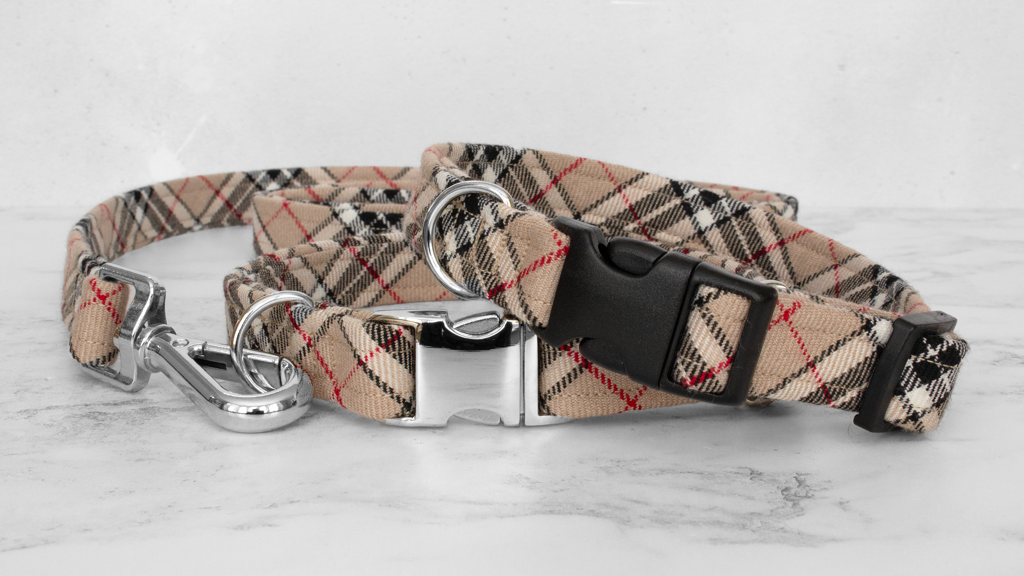 Dog Collar and Lead, Tartan with a Twist - Caramel