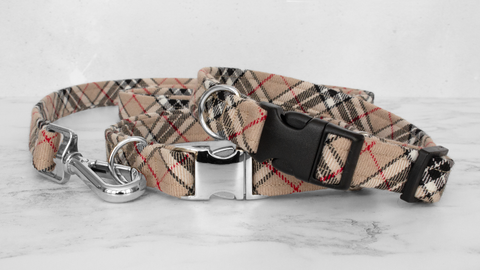 Dog Collar and Lead, Tartan with a Twist - Caramel