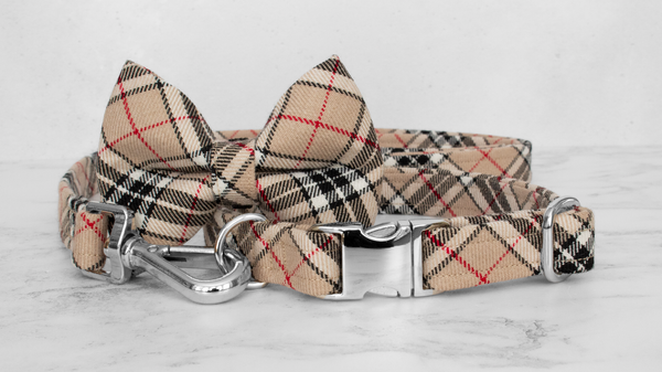 Dog Collar and Lead, Tartan with a Twist - Caramel