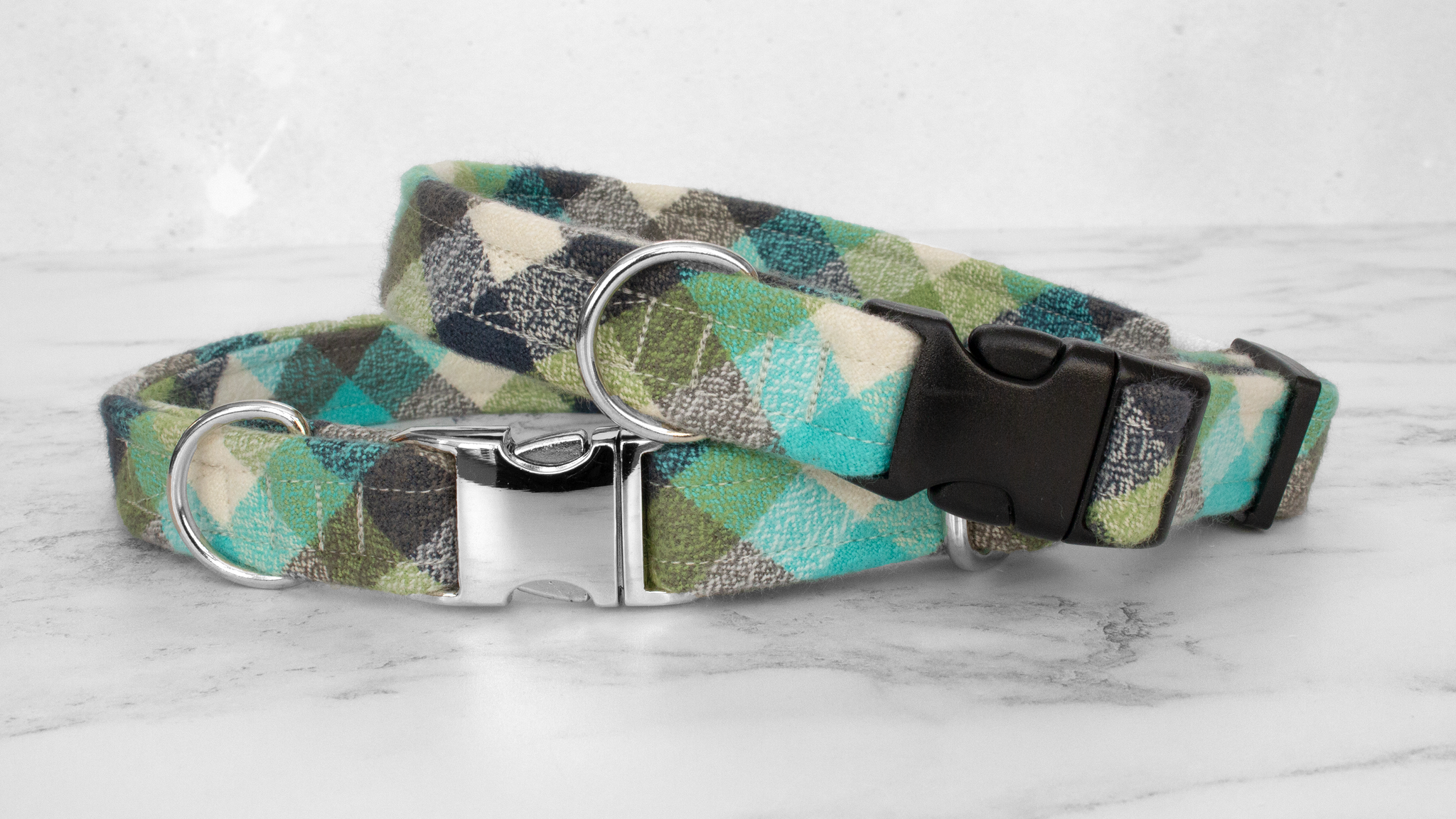 Dog Collar and Lead, Tartan with a Twist - Turquoise Check