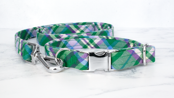 Dog Collar and Lead, Tartan with a Twist - Green and Purple