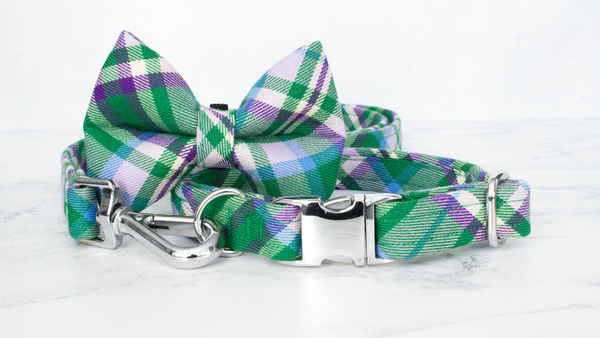 Dog Collar and Lead, Tartan with a Twist - Green and Purple