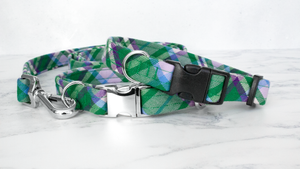 Dog Collar and Lead, Tartan with a Twist - Green and Purple