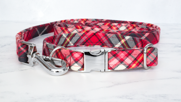 Dog Collar and Lead, Tartan with a Twist - Red and Grey