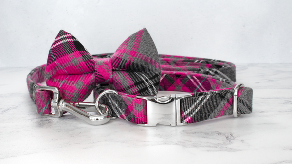 Dog Bow Ties, Tartan with a Twist - Pink and Grey