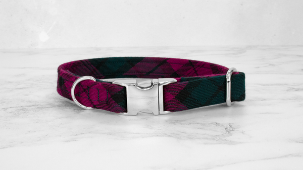 Dog Collar and Lead, Tartan with a Twist - Forest Green and Magenta