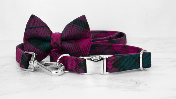 Dog Collar and Lead, Tartan with a Twist - Forest Green and Magenta