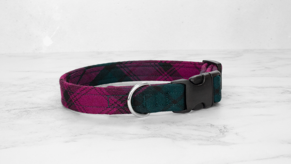 Dog Collar and Lead, Tartan with a Twist - Forest Green and Magenta