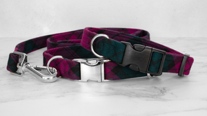 Dog Collar and Lead, Tartan with a Twist - Forest Green and Magenta