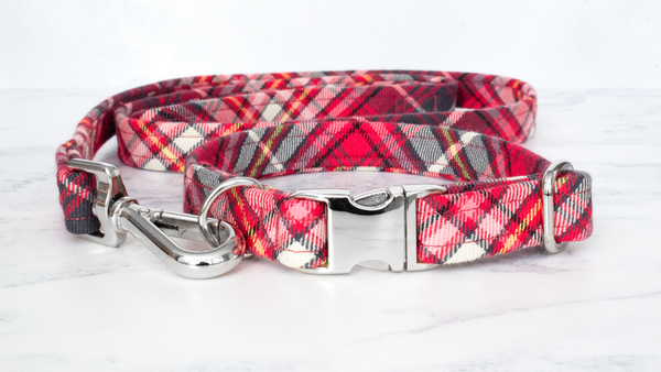 Dog Collar and Lead, Tartan with a Twist - Red and Grey