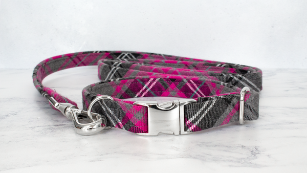 Dog Collar and Lead, Tartan with a Twist - Pink and Grey