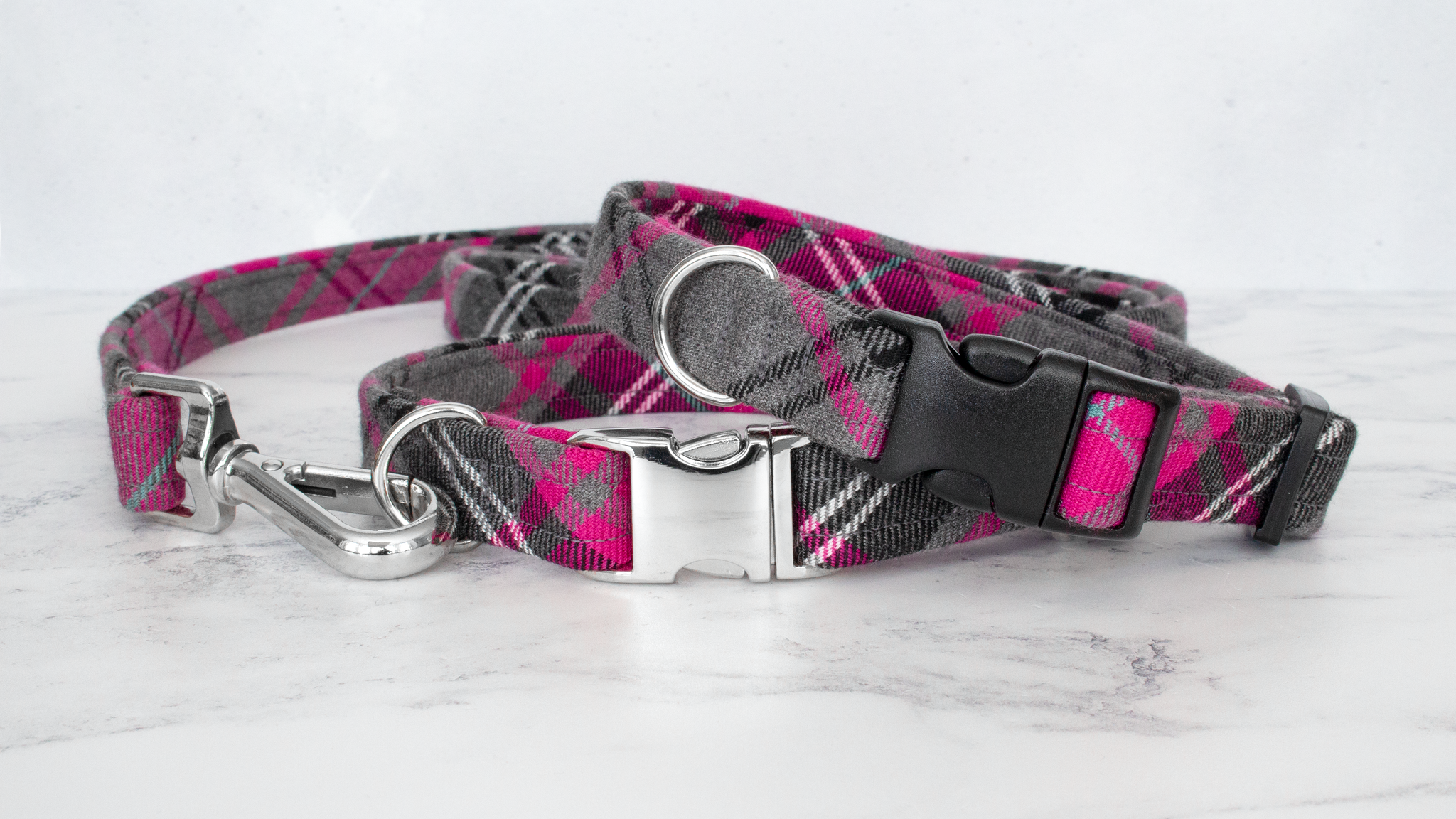 Dog Collar and Lead, Tartan with a Twist - Pink and Grey