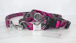 Dog Collar and Lead, Tartan with a Twist - Pink and Grey