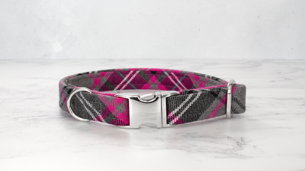 Dog Collar and Lead, Tartan with a Twist - Pink and Grey