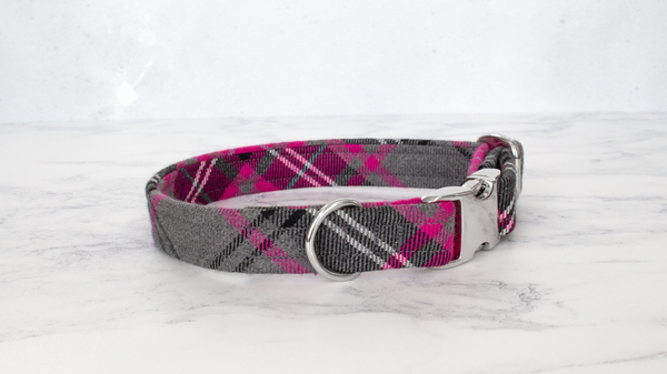 Dog Collar and Lead, Tartan with a Twist - Pink and Grey