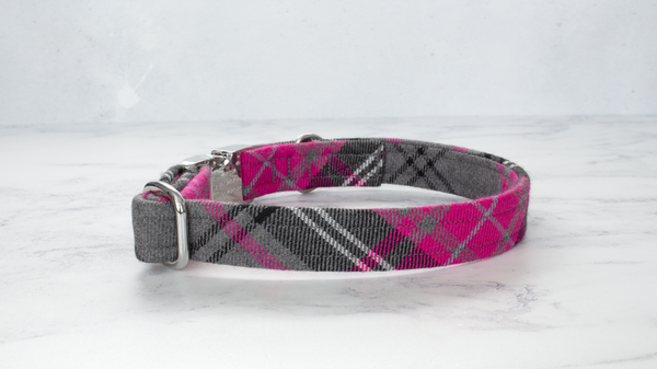 Dog Collar and Lead, Tartan with a Twist - Pink and Grey