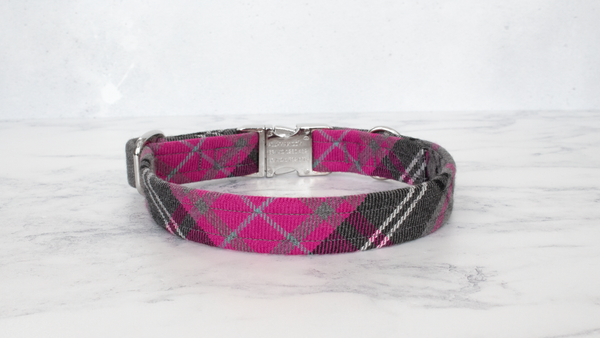 Dog Collar and Lead, Tartan with a Twist - Pink and Grey