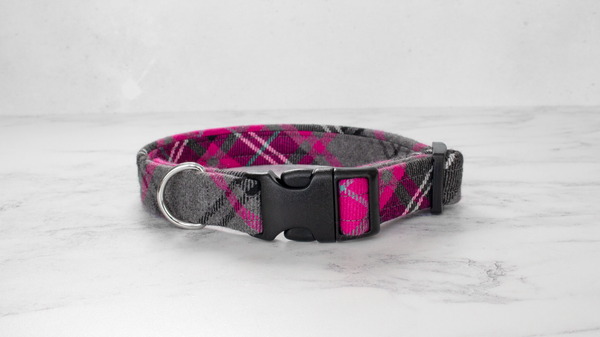 Dog Collar and Lead, Tartan with a Twist - Pink and Grey
