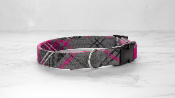Dog Collar and Lead, Tartan with a Twist - Pink and Grey