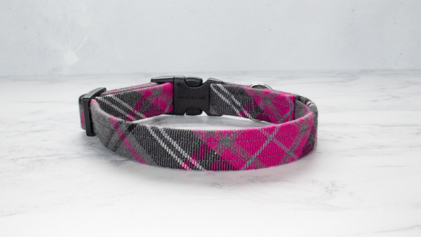 Dog Collar and Lead, Tartan with a Twist - Pink and Grey