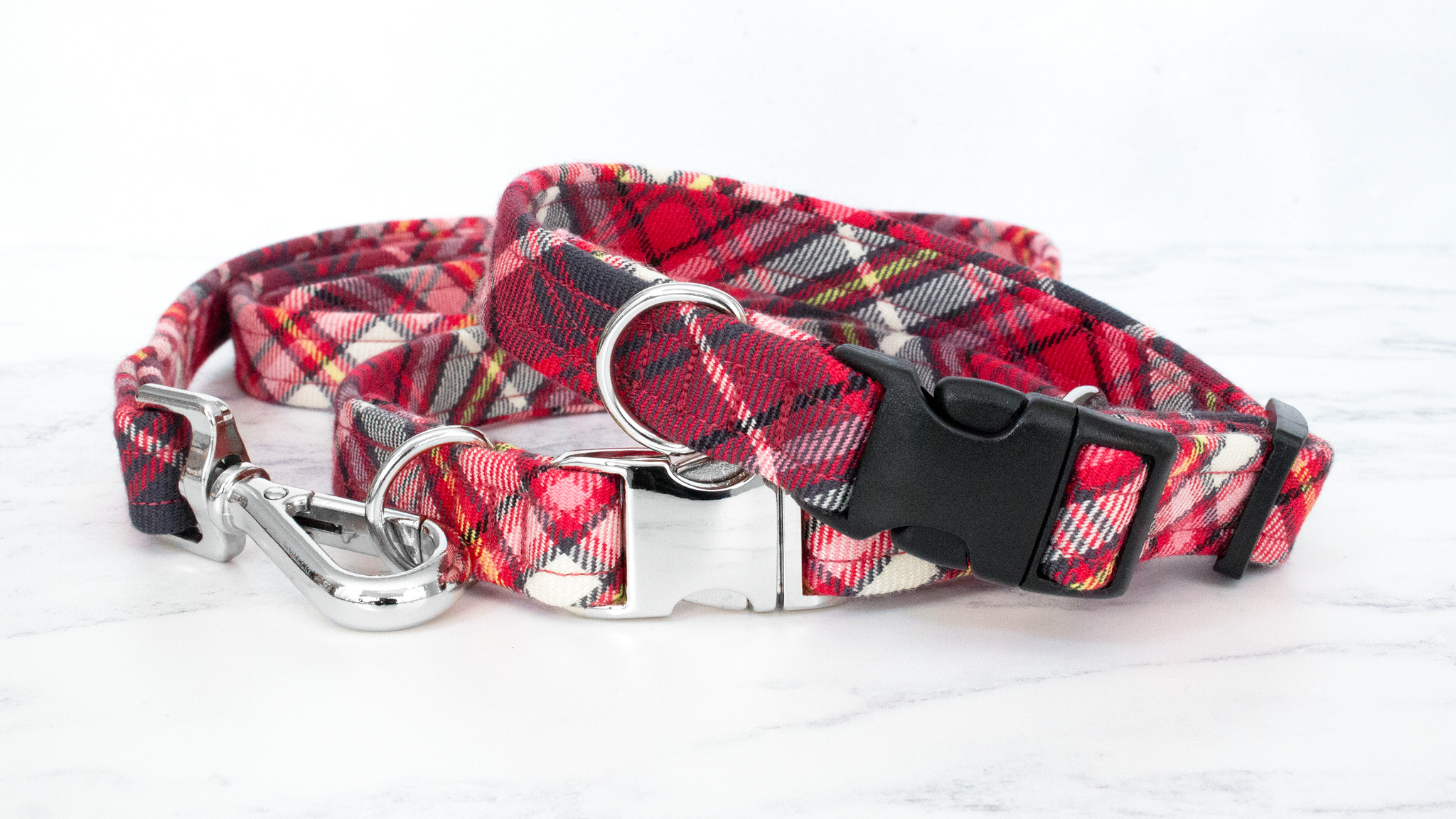 Dog Collar and Lead, Tartan with a Twist - Red and Grey