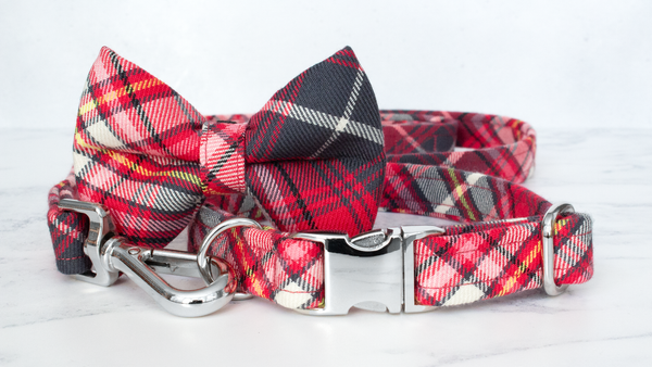 Dog Collar and Lead, Tartan with a Twist - Red and Grey