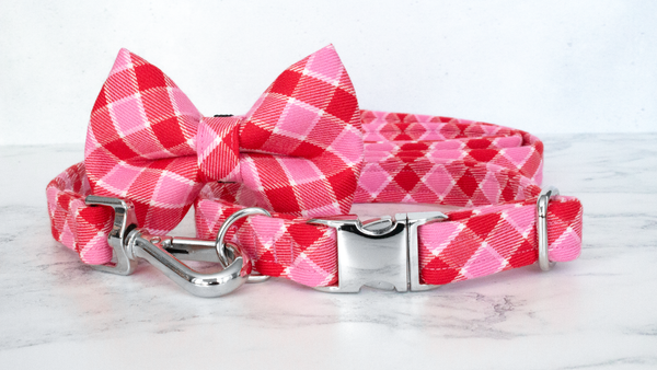 Dog Collar and Lead, Tartan with a Twist - Pink and Red