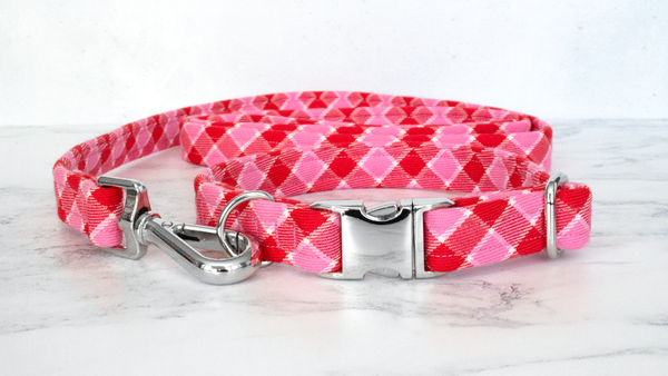 Dog Collar and Lead, Tartan with a Twist - Pink and Red