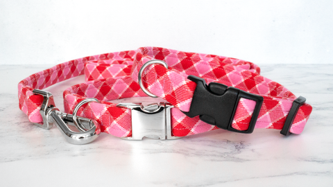 Dog Collar and Lead, Tartan with a Twist - Pink and Red