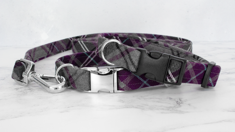 Dog Collar and Lead, Tartan with a Twist - Purple and Grey