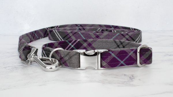 Dog Collar and Lead, Tartan with a Twist - Purple and Grey