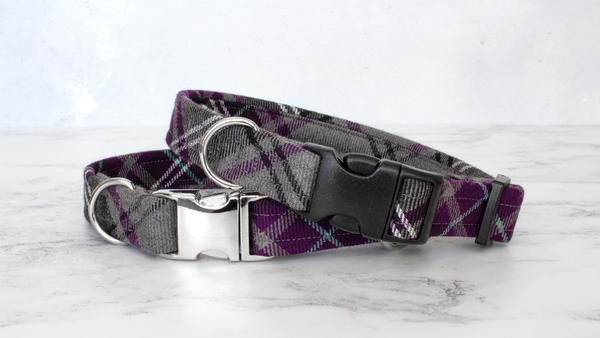 Dog Collar and Lead, Tartan with a Twist - Purple and Grey