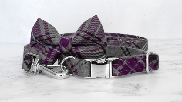 Dog Collar and Lead, Tartan with a Twist - Purple and Grey