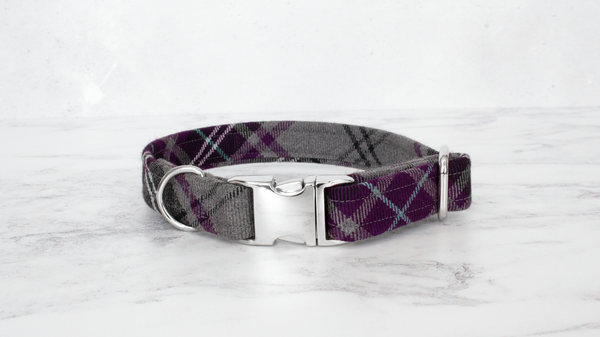 Dog Collar and Lead, Tartan with a Twist - Purple and Grey