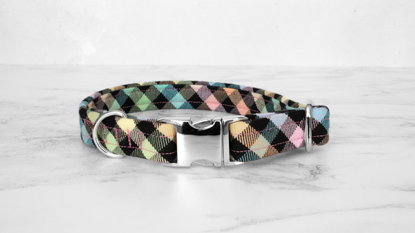 Dog Collar and Lead, Tartan with a Twist - Rainbow Checkerboard