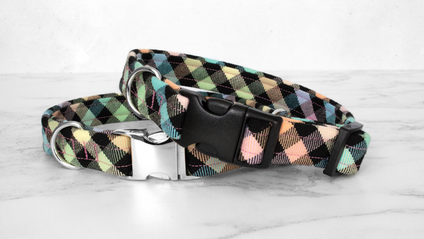 Dog Collar and Lead, Tartan with a Twist - Rainbow Checkerboard