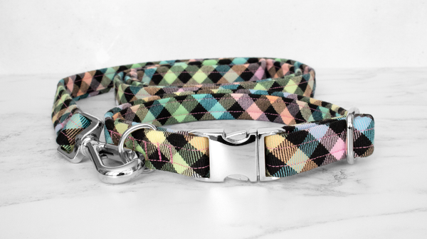 Dog Collar and Lead, Tartan with a Twist - Rainbow Checkerboard